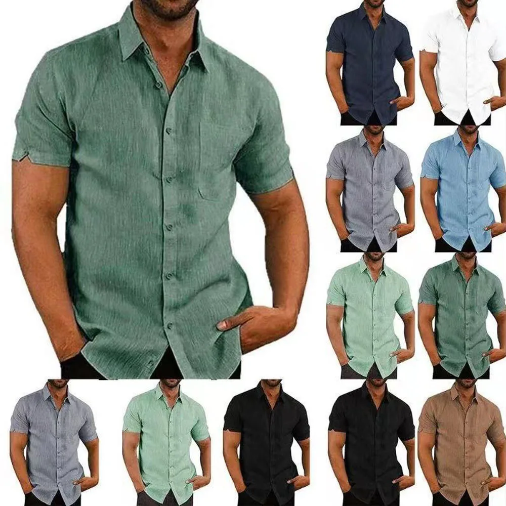 Mens Summer Short Sleeve Slim Fit Solid Color Blouse