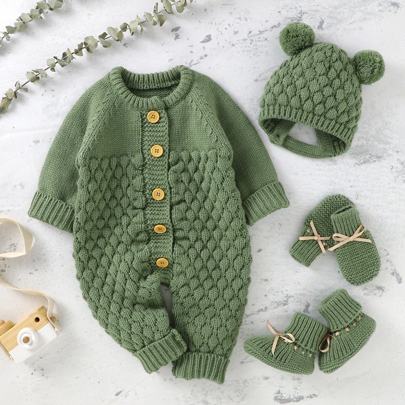 

Newborn Baby Romper Gloves Shoes Set Knitted Infant Girl Long Sleeve Jumpsuit +Boots +Mitten Solid Toddler Boys Clothing Hat 4PC