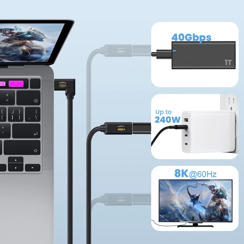 용수철 확장형 USB4 듀얼 헤드 C타입 데이터 케이블, 고속 동축 PD 케이블, 8K 60HZ 번개 노트북, 40Gbps, 240W, 48V, 5A