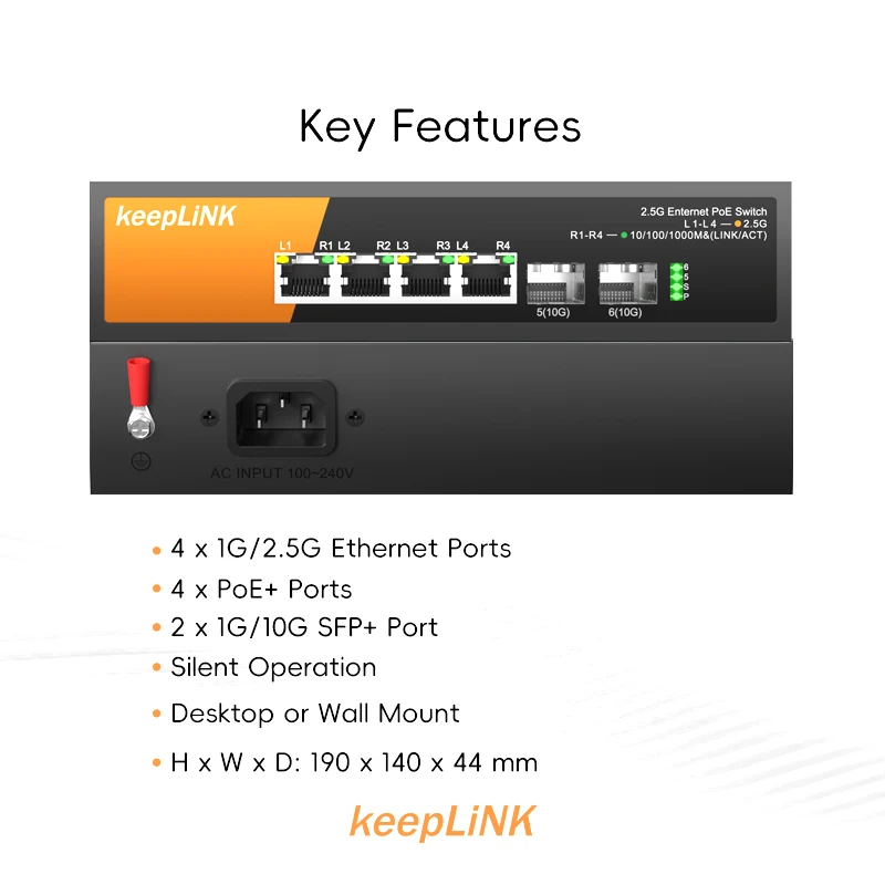 4-PoE 2.5Gb 이더넷 및 2-SFP+ 10Gb 업링크를 갖춘 KeepLiNK 6포트 멀티 기가비트 네트워크 스위치