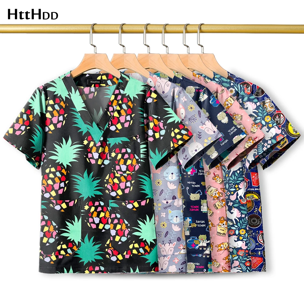 

Новая медицинская униформа для женщин, Пылезащитная рабочая одежда, хлопковая рубашка с мультяшным принтом для медсестер, врачей, больниц, скрабы унисекс