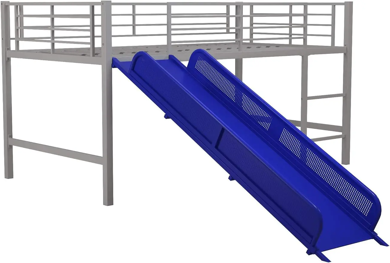 

YJunior Twin металлическая Лофт-кровать с горкой, многофункциональный дизайн, серебристый с синей горкой