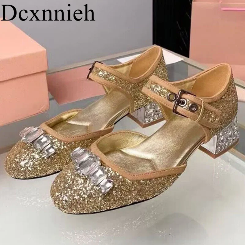 

New Crystal Decorative Bag Heel Sandals Women's Thick Heel Non slip Sandals women's Summer Outdoor Vacation Party Casual Shoes