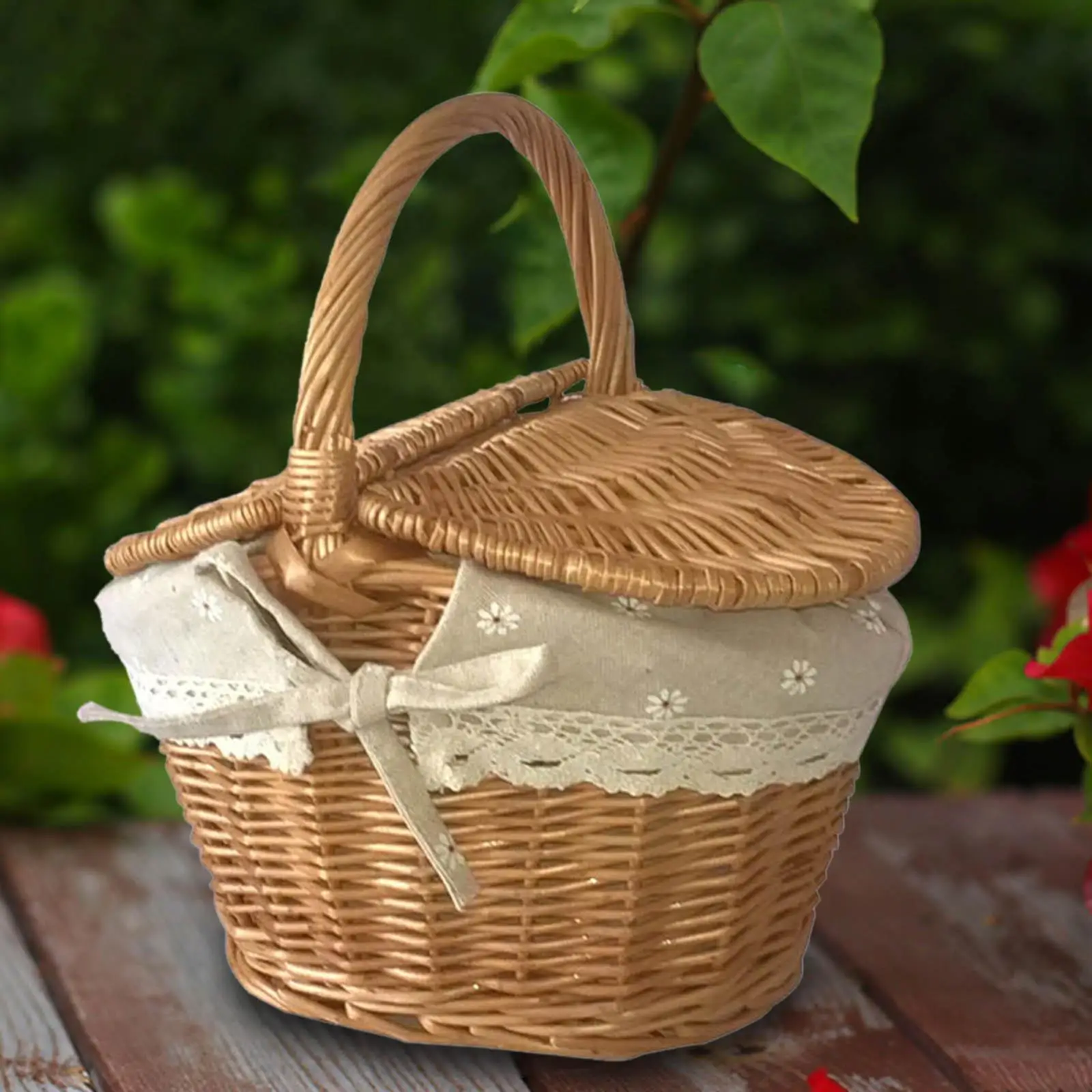 Handwoven Wicker Picnic Basket Rattan Storage Container Serving Basket with Washable Lining for Outdoor Camping Picnic