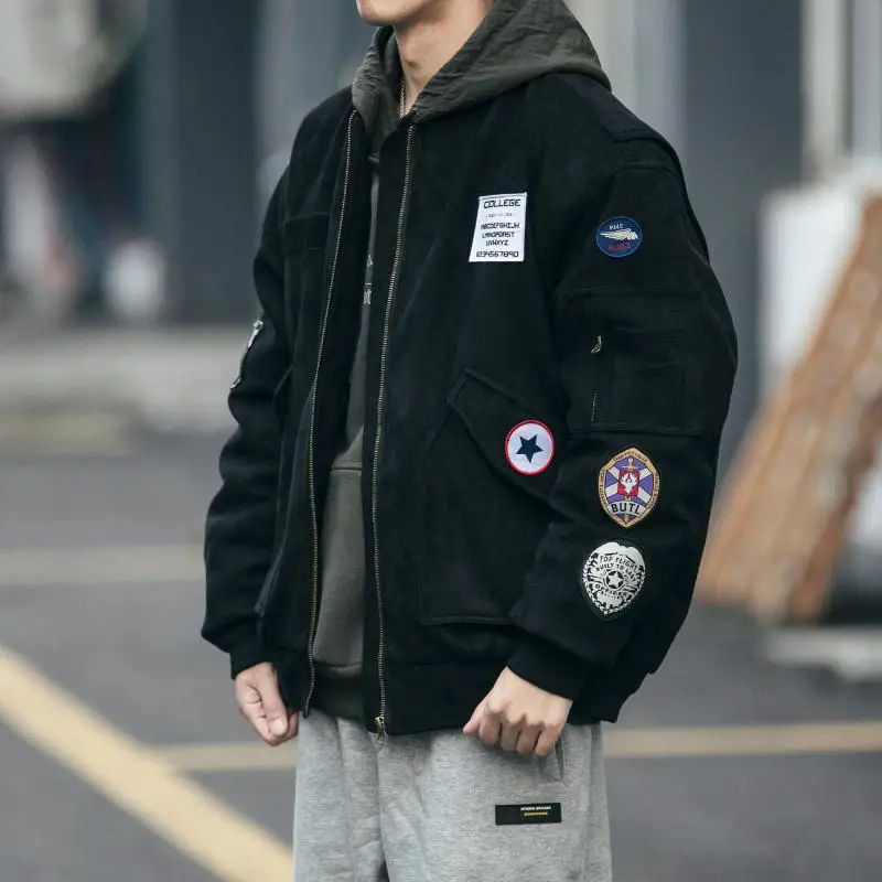 Autumn/winter MA1 Bomber Jacket Thick Cotton-padded Baseball Uniform Gray Parkas Men's Trend Labeling Military Padded Jacket