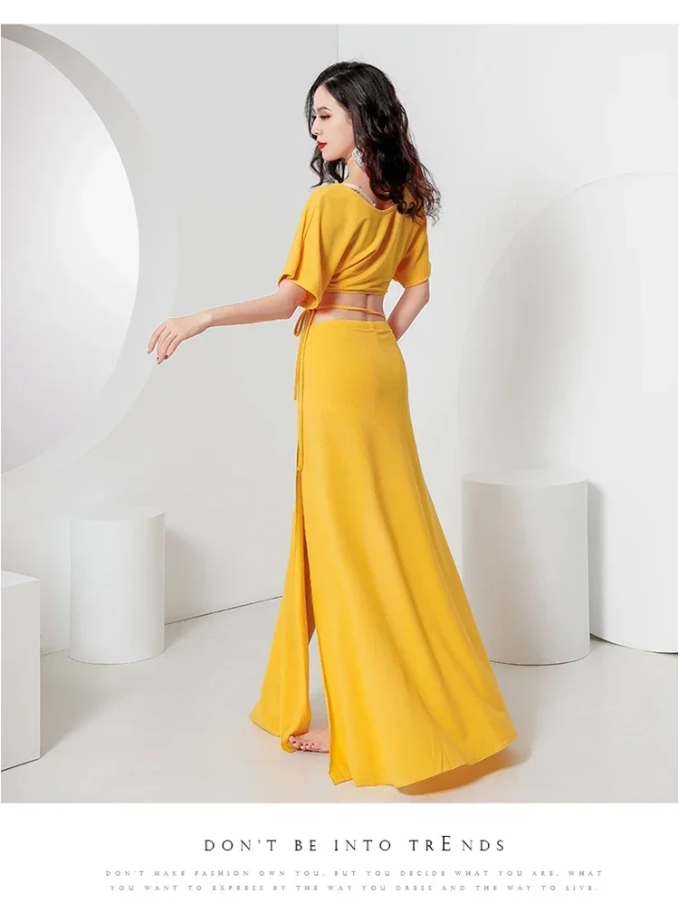 

Belly Dance Suit Mesh Top Short Sleeves Split Skirt Practice Clothes Set Female Elegant Performance Clothing Summer