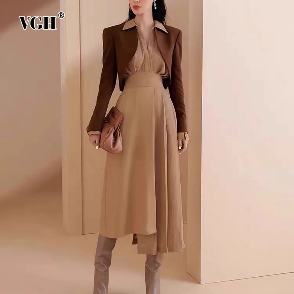 

VGH Minimalist Set For Women Round Neck Long Sleeve Coat Lapel High Waist Spliced Button Irregular Hem Dress Casual Sets Female
