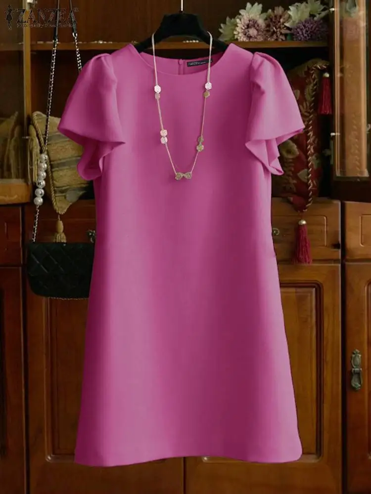 

Платье ZANZEA женское с круглым вырезом, элегантный свободный Мини Сарафан с оборками на рукавах, винтажный однотонный офисный Повседневный Дамский халат, лето 2024