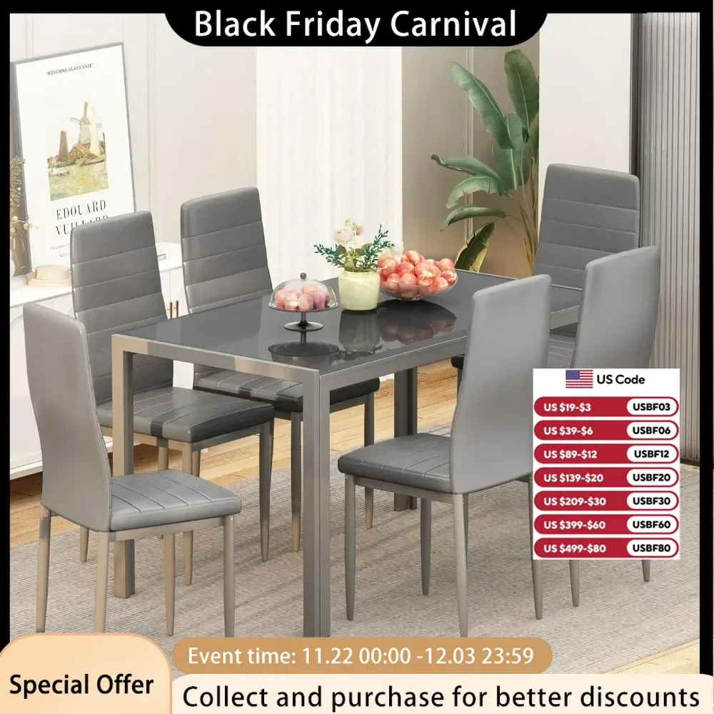 7 Piece Kitchen 6 Person, Tempered Glass Table and PU Leather Chairs Modern Dining Room Sets for Small Space, Dining Table Set