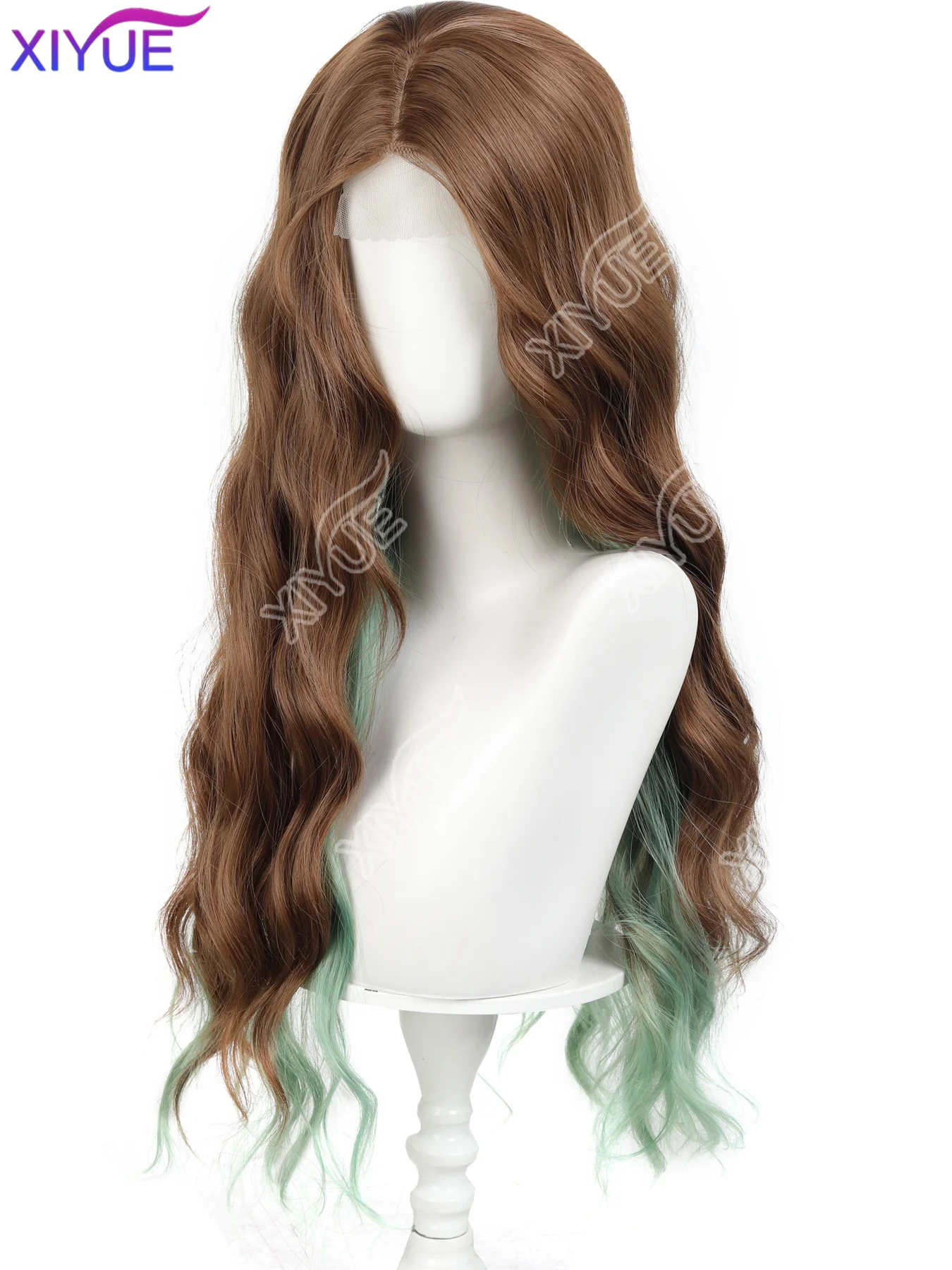 XIYUE Front lace Long Curly Brown highlights green Wave Synthetic Wigs with Bangs for Women Christmas Cosplay Wigs