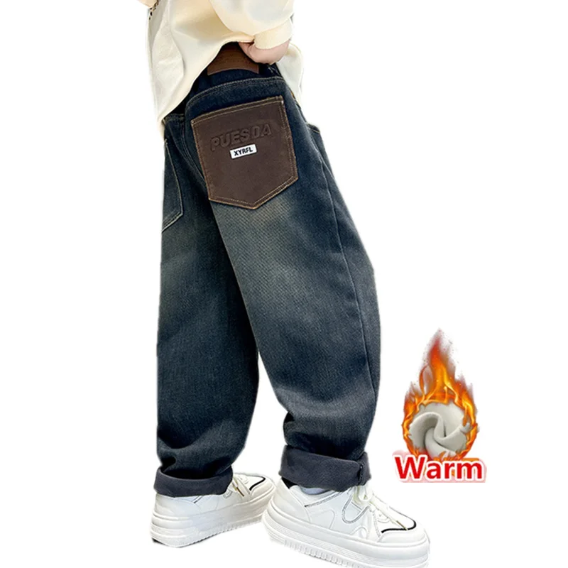 الرجعية الأزرق الداكن الشتاء الجينز الدافئة للمراهقين الصبي الكلاسيكية سميكة معزول الدينيم السراويل الطفل الجينز الحراري بنطلون للأطفال