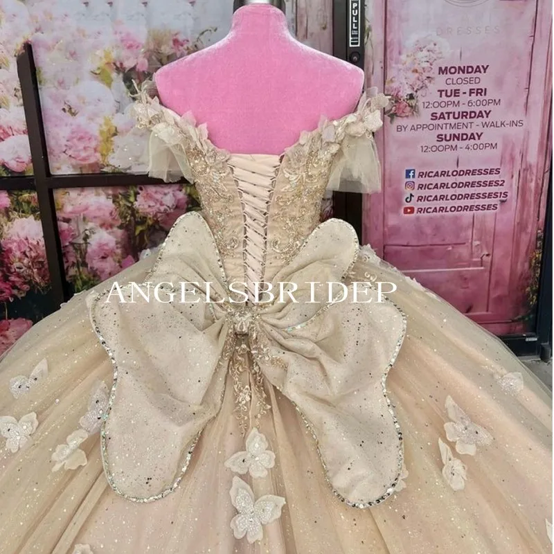 ANGELSRIDEP 2024 New Ball Gowns Champagne Quinceanera Dresses With Big Bow Princess Formal Girls Birthday Party Gowns