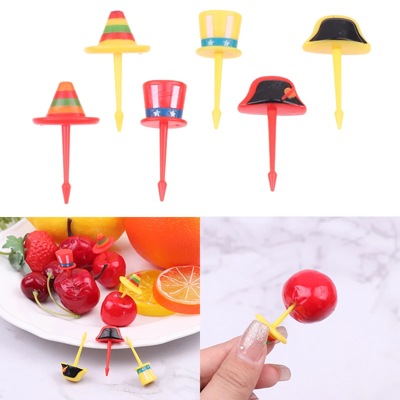 

6pcs/set Mini Cartoon Hats Fruit Fork Kids Snack Dessert Pick Cake Bento Lunches Party Decoration Cute Forks