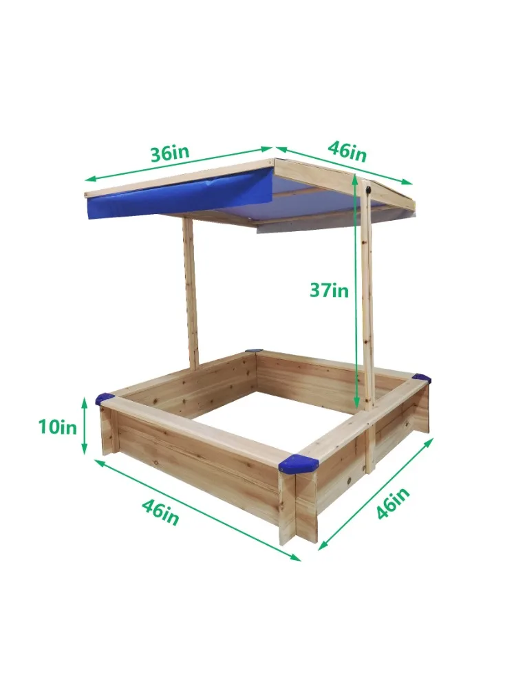 Kids Wooden Sandbox with Adjustable Canopy, Covered Sandpit Children Wooden Toy Set Outdoor Backyard 4