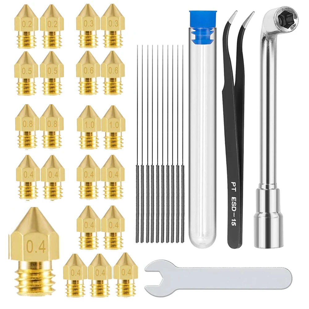 

3D Printer MK8 Nozzle 1.75mm 0.2/0.3/0.4/0.6/0.8/1.0mm & 0.35mm Needles & Tweezers Spanner Wrench for Creality CR-10 Ender 3 5