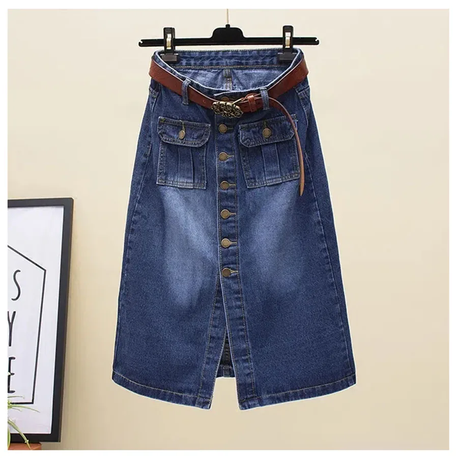 

Korean With Belt Baggy Plus Size 4XL Button Fly A-Line Mid-Calf Denim Skirts Women's Streetwear Elegant High Waist Cowboy Skirt