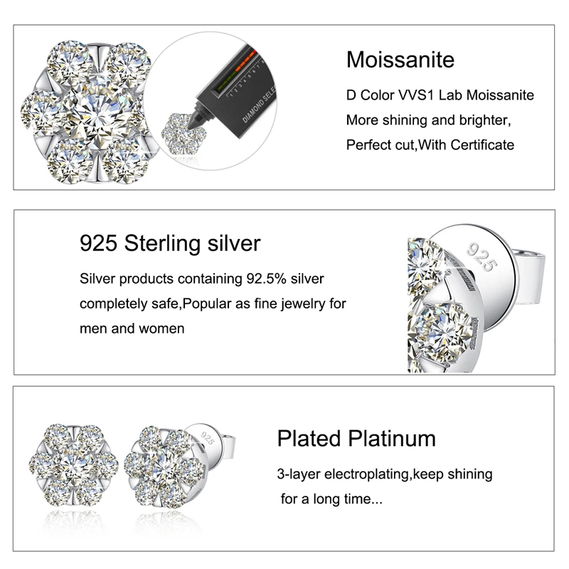 Moissanite Diamond Earrings 925 Sterling Silver D Color VVS1 Moissanite Classic Snowflake Stud Earrings For Woman Jewelry