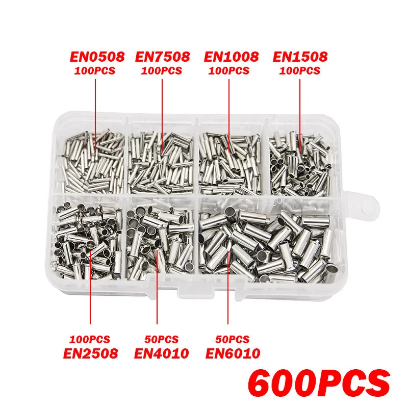 Wire Connector Terminals 600Pcs 0.5-6.0mm2 Uninsulated Copper Terminal Bootlace Ferrules Cord End Electrical Cable Crimp