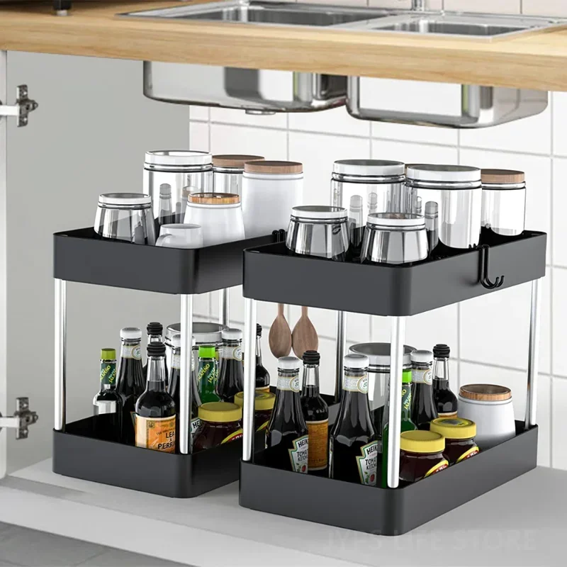 

1/2 Pcs Kitchen Organizer 2 Tier Drawer Multipurpose Rack Cabinet Under Sink Storage Rack Bathroom Under Sink Storage Rack