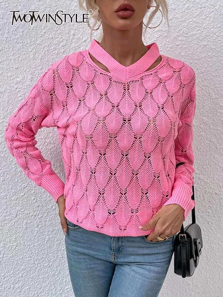 

TWOTWINSTYLE Hollow Out Knitting Solid Pullovers For Women V Neck Long Sleeve Vintage Casual Sweaters Female Fashion Clothing