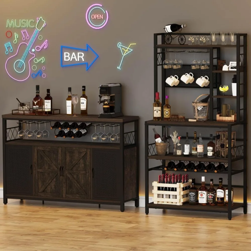 Wine Rack Freestanding Floor, Liquor Bar Cabinet with Storage, Coffee Bar Table with Glass Holder，Bakers Stand for Home