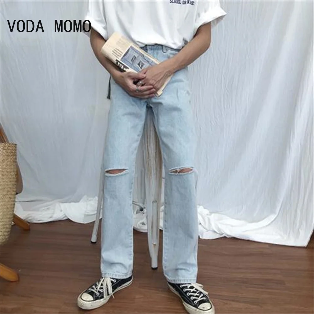 

Korean version of ins hip-hop high street hipsters distressed old ripped straight jeans men casual wild loose wide-leg trousers