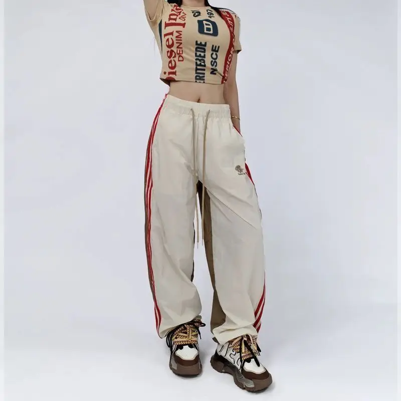 Fashion Retro Patchwork Striped Drawstring Sports Women's Trendy High Street Elastic High-waisted Loose Wide Leg Casual Pants
