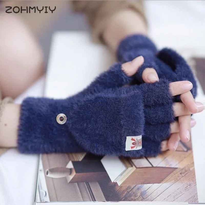 Winter Women Half-finger Flip-top Gloves Student Cute Girl Cartoon Warm Comfortable Soft Stylish Thick Knitting Mittens
