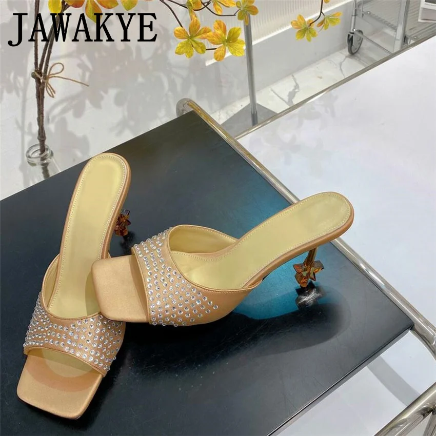 

Шлепанцы женские атласные с квадратным носком, роскошные брендовые сандалии со стразами, квадратный носок, каблук-звезда, пикантные туфли-лодочки, лето