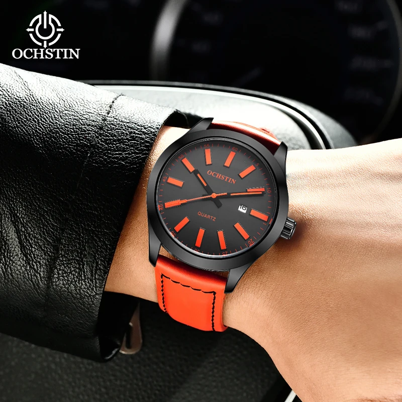 OCHSTIN Mens Watches Top Luxury Brand Waterproof Sport Wrist Watch Chronograph Quartz Military Genuine Leather Relogio Masculino