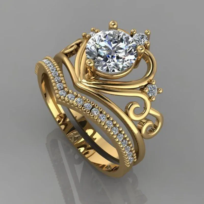 Milangirl 2 Pcs/set Gold Color Hollow Heart Love Crown Inlaid White Crystal Rhinestone Ring Set for Women Wedding Jewelry