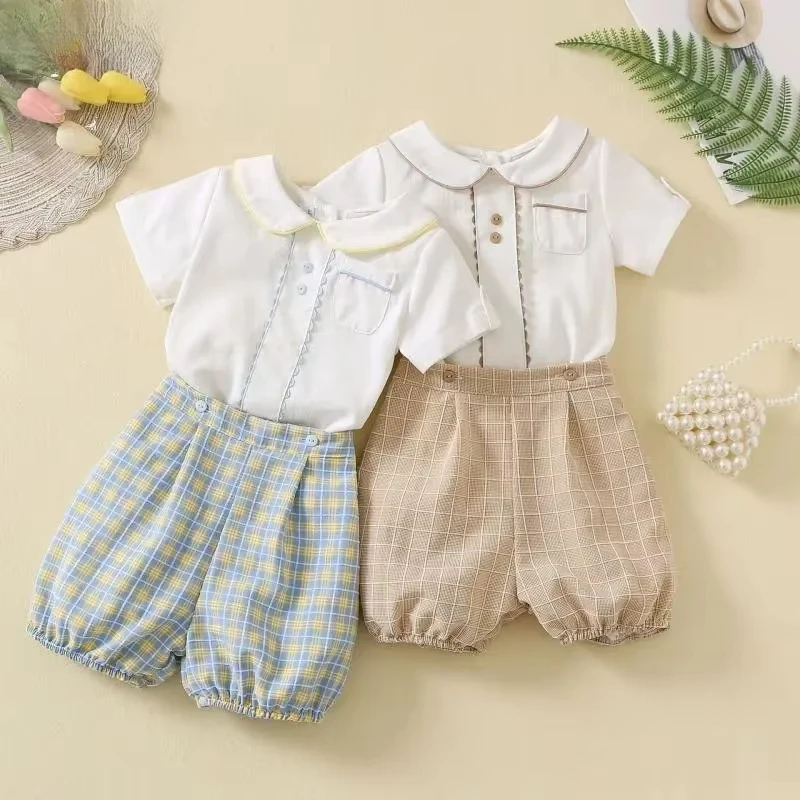 Spanish Toddlers Clothing Baby Boys Clothes Boutique Sets Outfit White Shirt Short 2pcs PlaidChildren Costume Pants Kids Casual