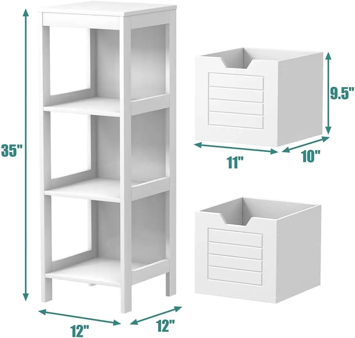 Wooden Bathroom Floor Storage Cabinet with 2 Drawers & Open Shelf, Slim Side Organizer, White