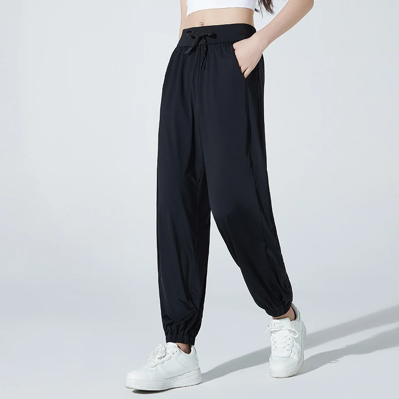 Spring Autumn Women's Solid Elastic High Waist Folds Shirring Pockets Drawstring Casual Harlan Lantern Trousers Elegant Pants