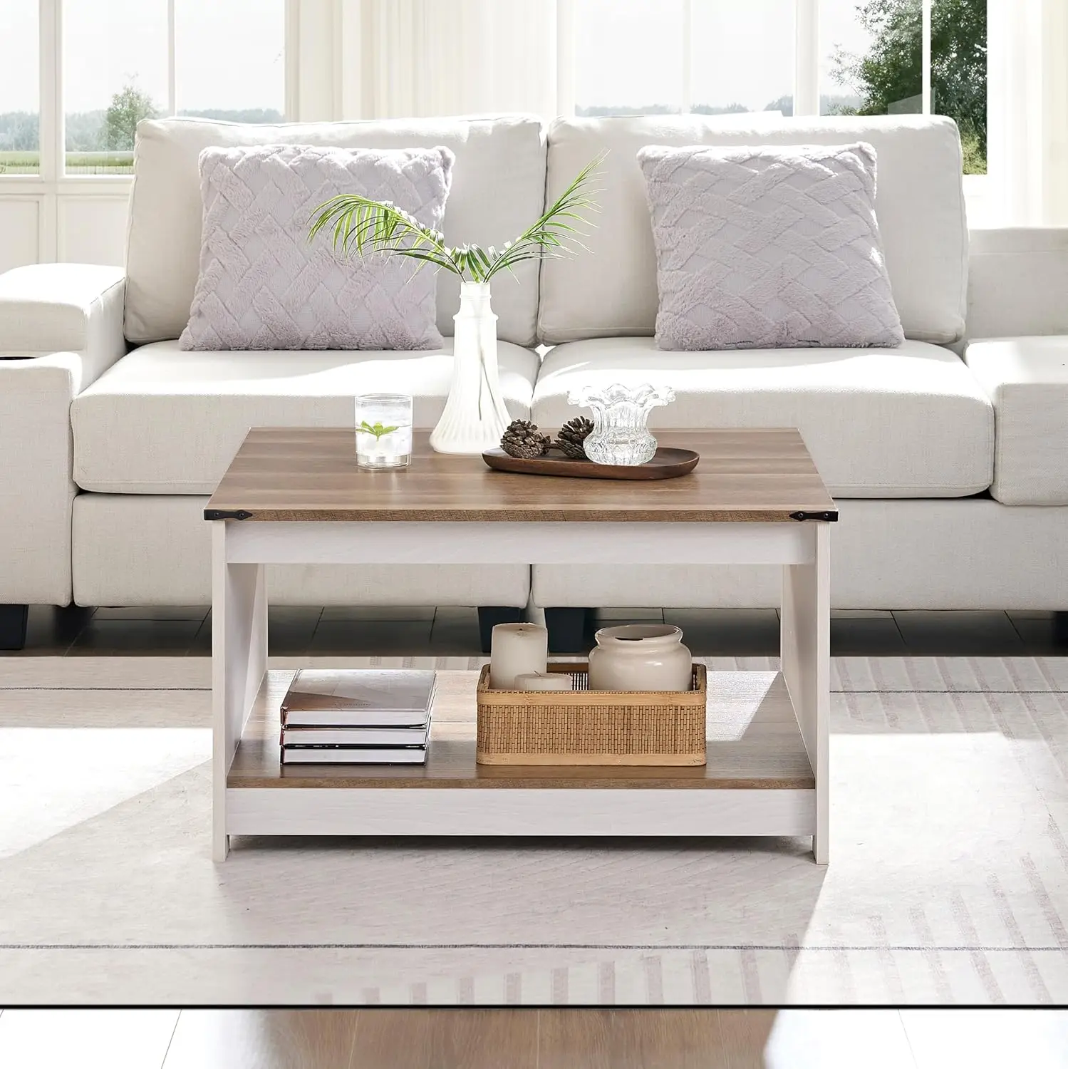 Farmhouse Coffee Table for Living Room, Wood Square Coffee Tables, 31.5" D x 31.5" W, Grey Wash 5