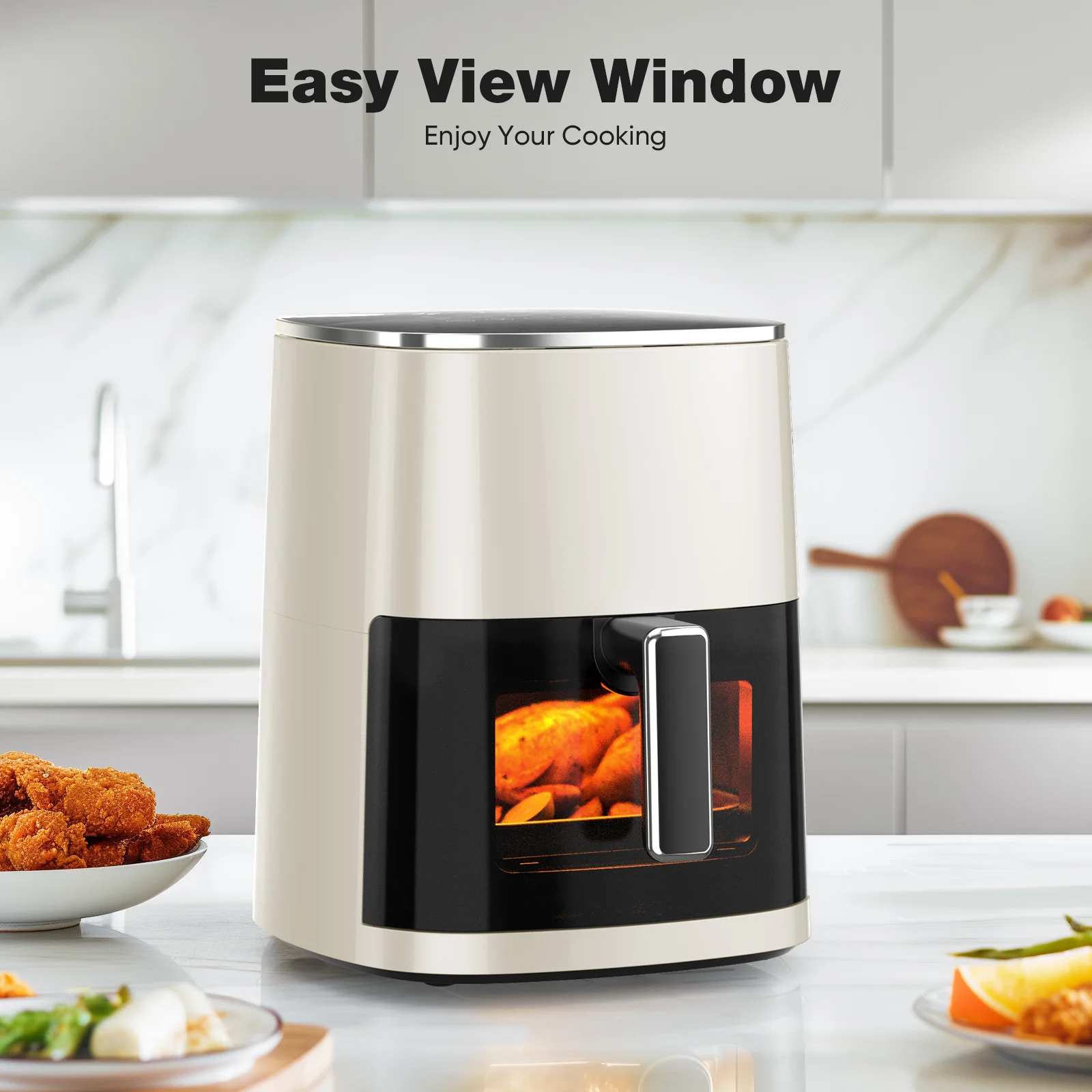 Air Fryer 6 Quart Capacity with Window Square Air Fryer 12-in-1 Air Fry, Roast, Reheat, Dehydrate, Bake, Steam with 400F, Beige 2
