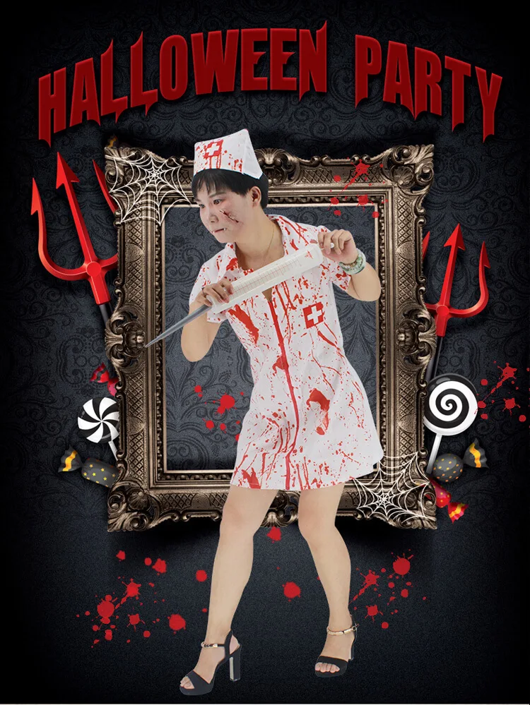 Teen Girls & Women Halloween party Horror Nurse Zombie Costume Scary Bloody White Dress Uniform Fancy Clothing Outfit For Female