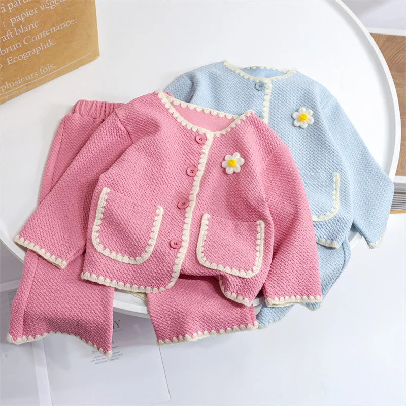 

Girls Small Fragrant Wind Set Baby Cute Round Neck Button Coat Suit Spring Autumn New Children's Fashion Leisure 2Pcs 12M-6 Year