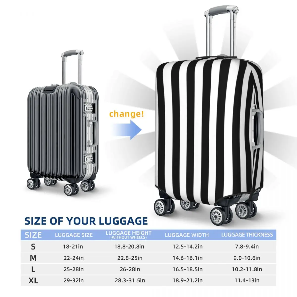 Vintage Striped Print Suitcase Cover Black White Vertical Stripes Vacation Cruise Trip Useful Luggage Supplies Protector