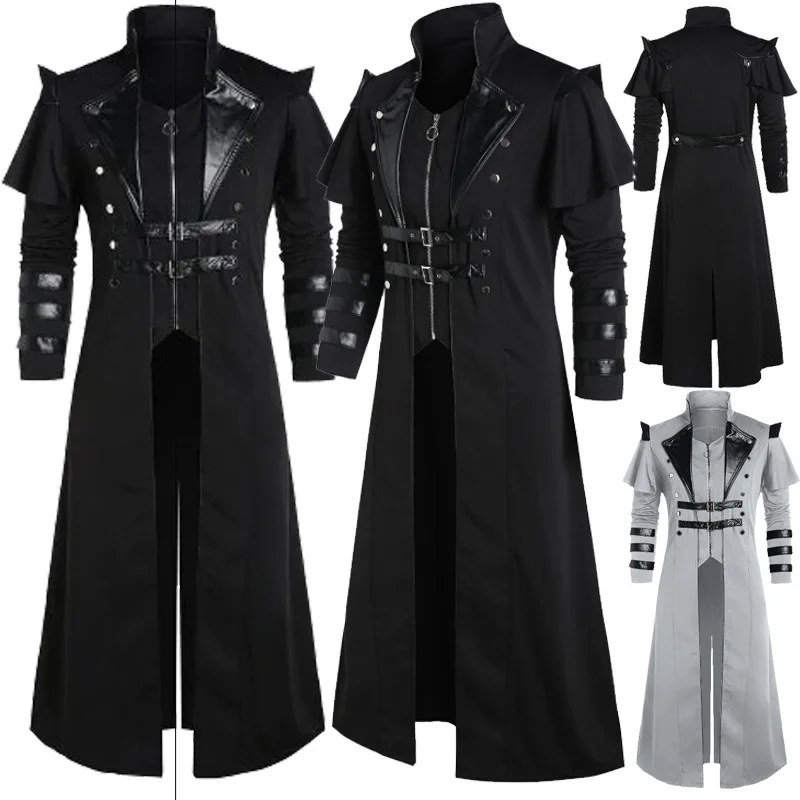 

Vintage Halloween Medieval Steampunk Assassin Elves Pirate Costume Men Adult Black Long Split Jacket Gothic Armor Leather Coats