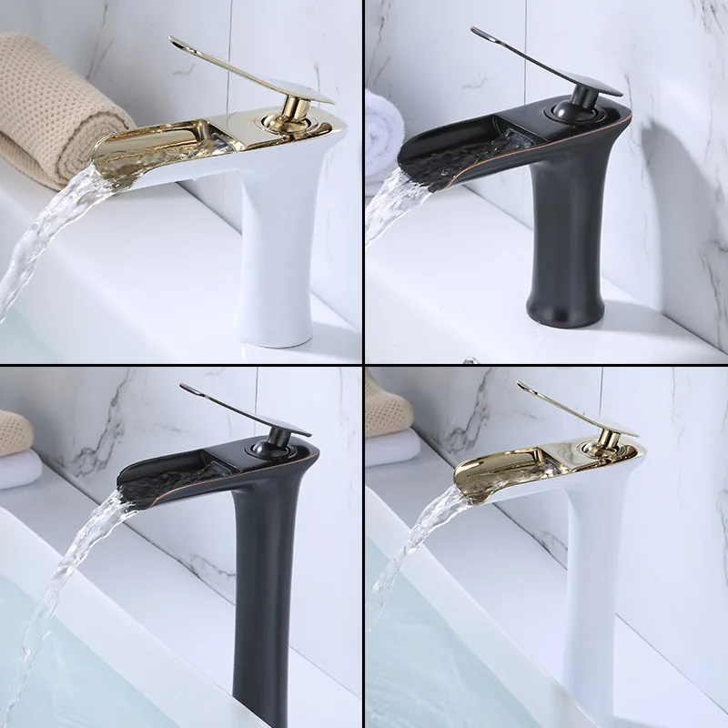 

Gold chrome bathroom toilet vanity wash basin over counter heightened black hot and cold waterfall faucet