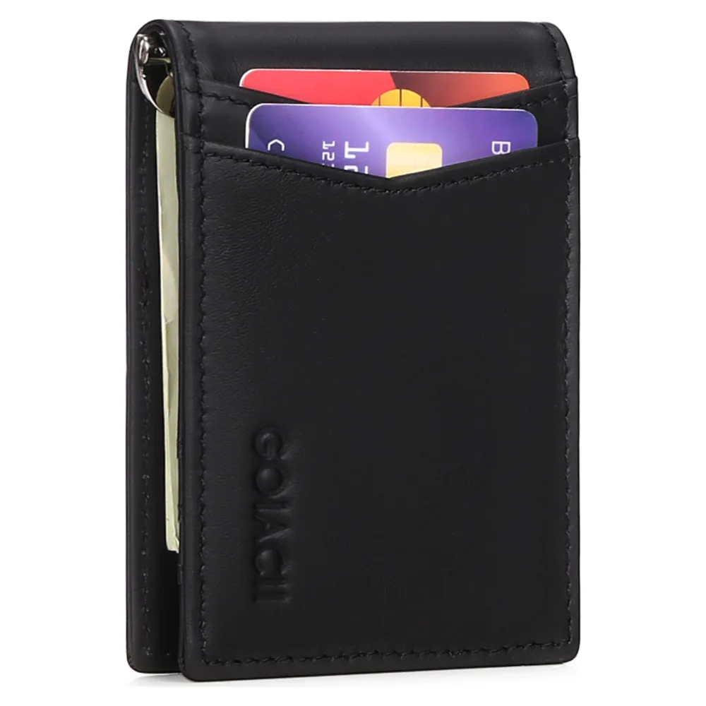 Genuine Leather Mens Wallet with money clip Slim with Metal Clips Money Holder Billfold with Money Clip 3