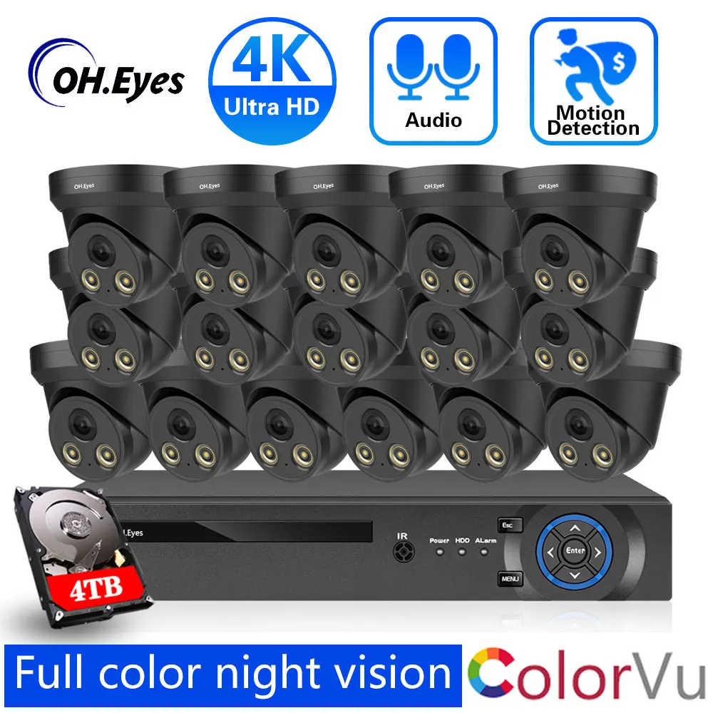 4K Ultra HD 8MP 16CH CCTV Security Cameras System Audio Color Night Vision Outdoor H.265 AI Motion Detection Surveillance Kit 4T
