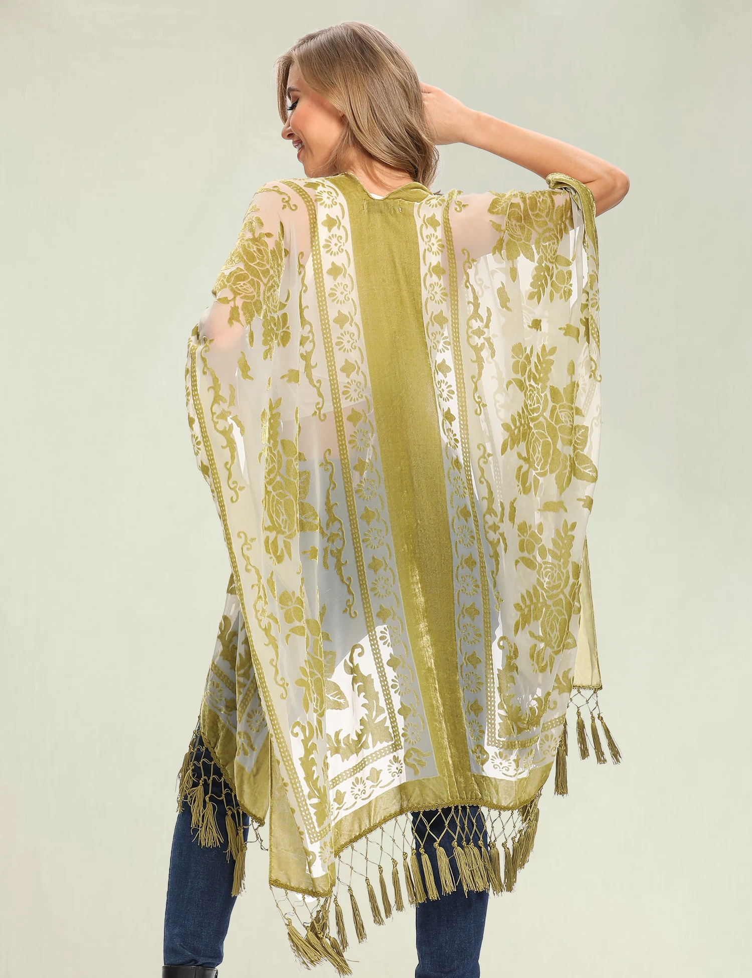 Wehello-velvet kimono for women, bohemian long cardigan with tassel, beach cover-up, chiffon shawl 4