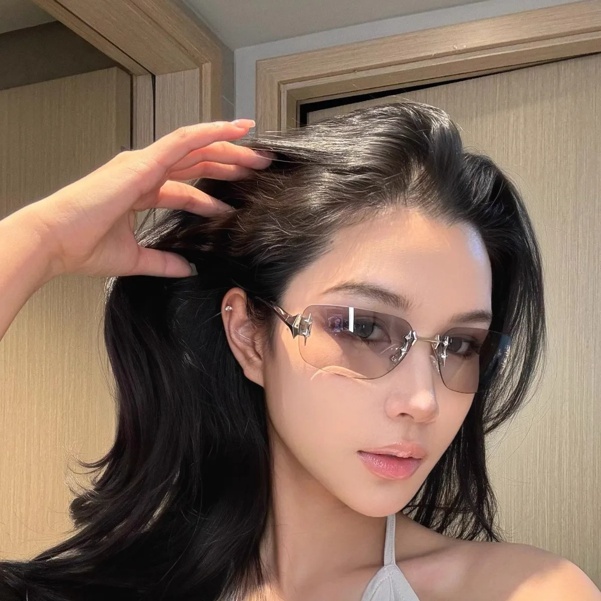 Y2K Vintage Rimless Square Sunglasses Women For Men Luxury Brand Designer Sun Glasses Punk Popular Hip Hop Rivet Star Shades UV