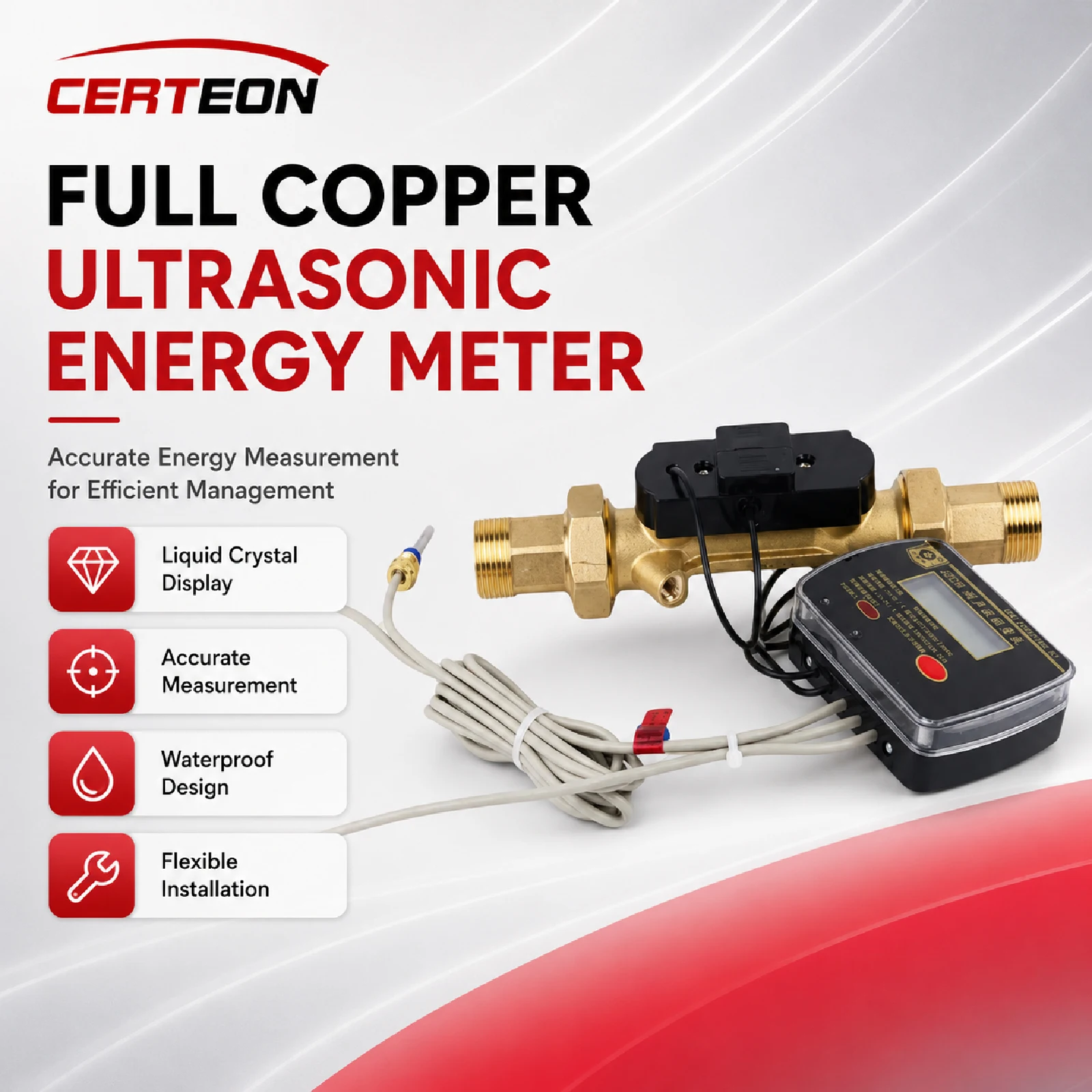 Full Copper Ultrasonic Energy Meter F15-300 DN15-DN400 Pt1000 Sensor Central Heating HVAC Cooling BTU Meter RS485 M-Bus