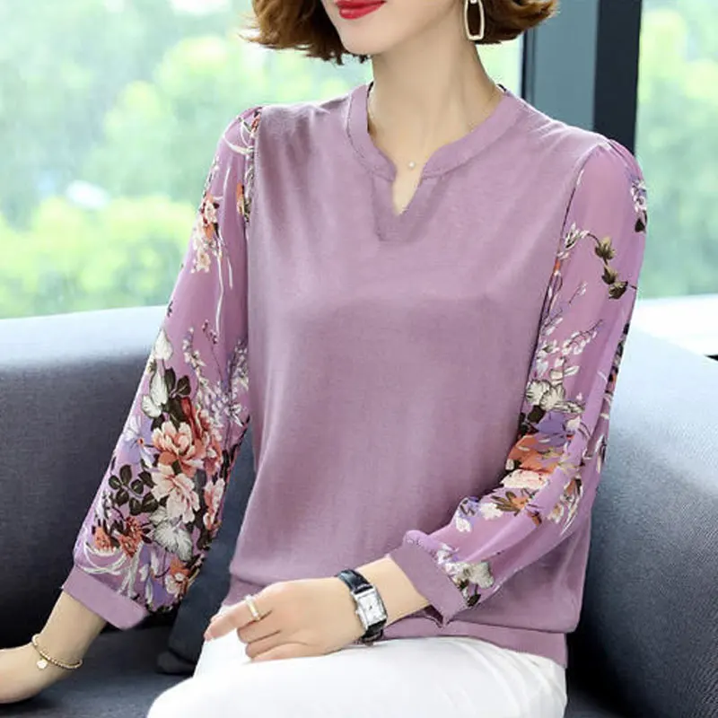 Female Clothing Broken Flowers Spliced Shirt Vintage 2024 Spring Autumn Casual V-Neck Loose Commute Long Sleeve All-match Blouse