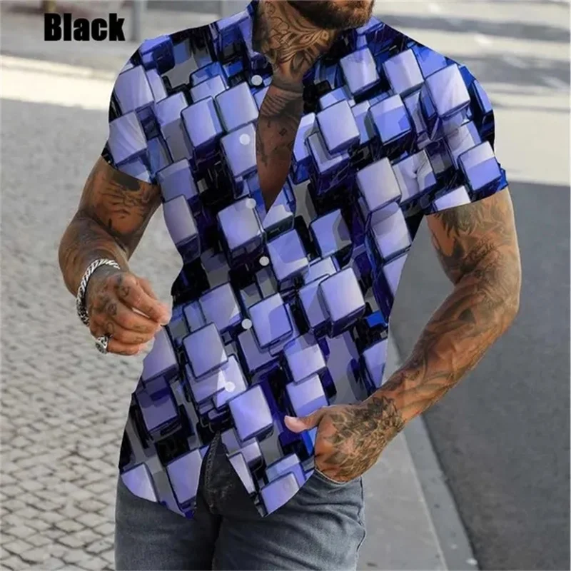 thumbnail image 1 of Camisa con estampado geométrico y personalidad en 3D para hombre, camisas casuales de manga corta con botones, camisas de playa de gran tamaño para hombre, 1 of 5