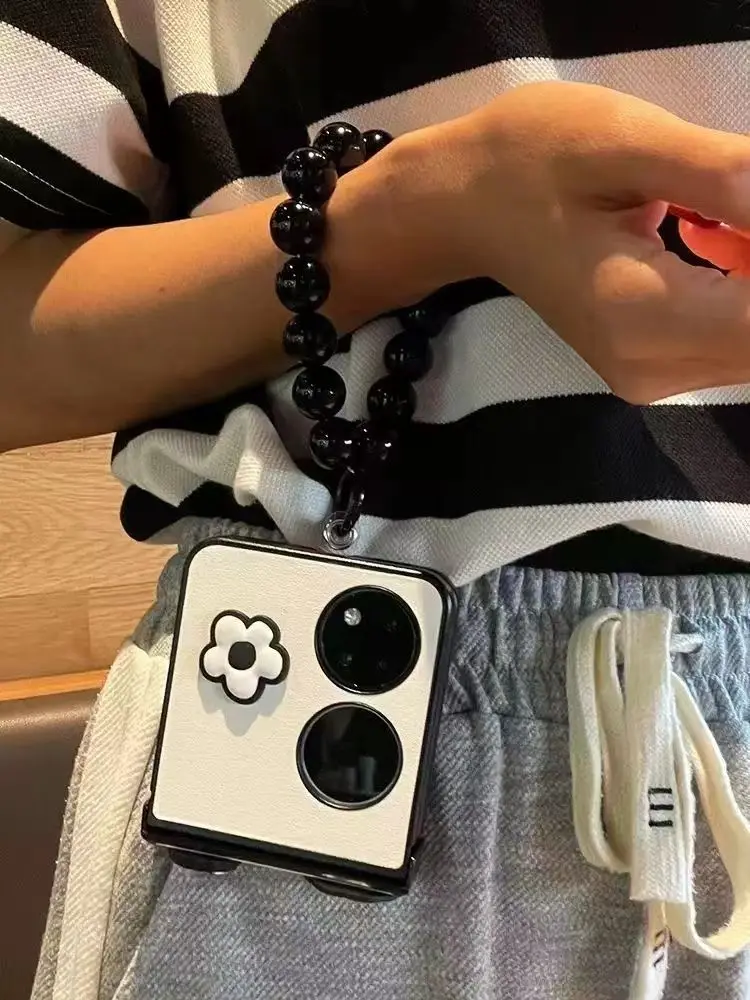 Capa de celular coreana Kawaii com contas de bola de carvão e flor para Huawei P50 Pocket P50Pocket Pocket 2 Pocket2 Cover Funda_voghion.com