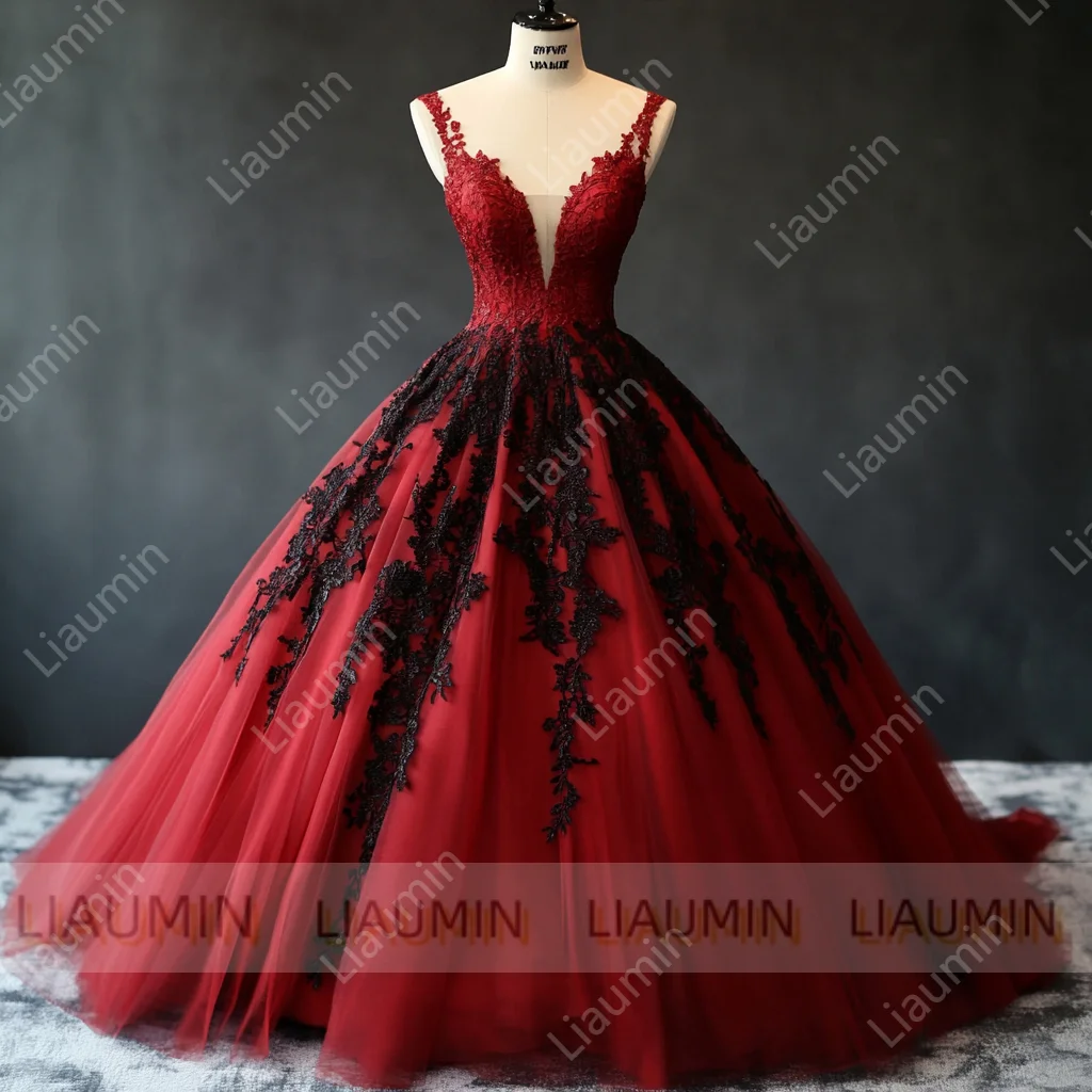 Red Ball Gown Black Lace Sleeveless Full Length Lace-up Back Evening